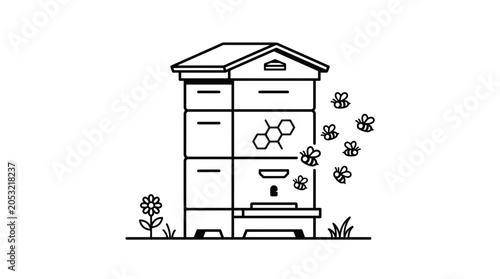Beehive illustration with honey bees for apiary and honey.