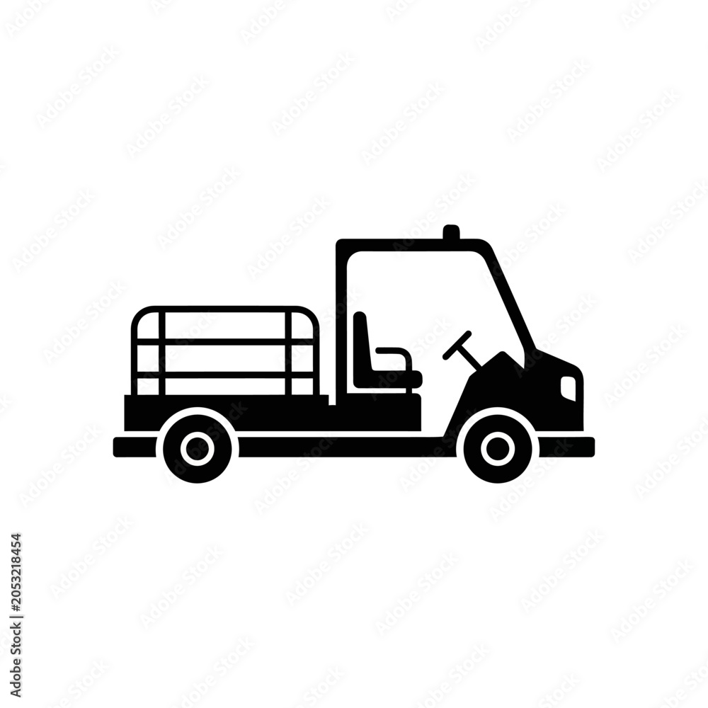 Naklejka premium Black Vector Icon Depicting a Utility Flatbed Work Vehicle for Industrial Transport and Warehouse Logistics Operations