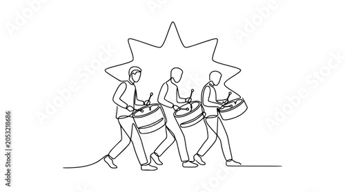 Canvas Print Minimalist line art of a marching band with drummers playing drums, celebrating a star