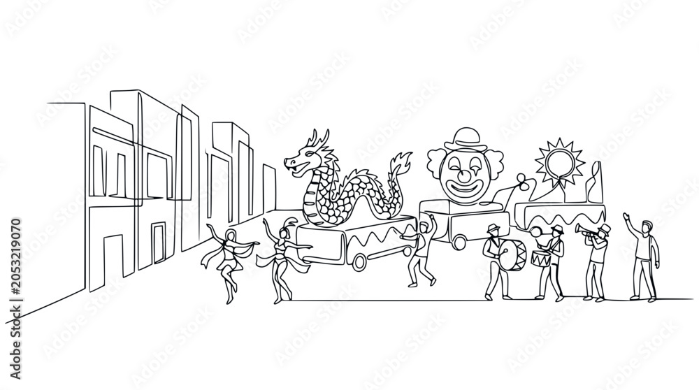 Obraz premium Continuous Line Drawing of a Festive Parade with Dragon Float and Clown