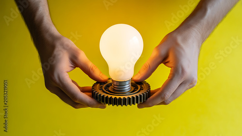 Hands holding a glowing light bulb on a gear, yellow background