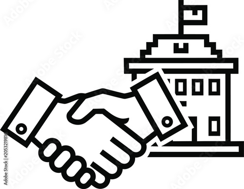 Handshake in front of a building with a flag on top symbolizing agreement with white background
