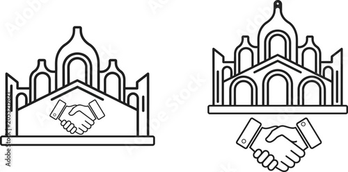 Vector illustration of handshake in front of building with domes and arches with white background