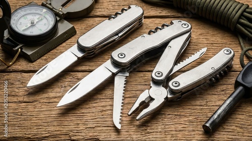 Set of survival gear including multitools and compass on wooden background.