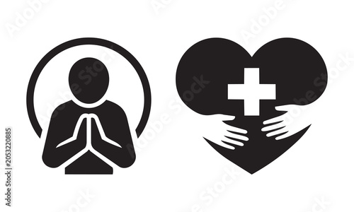A person in prayer within a circle and a heart with hands supporting a cross are shown as icons