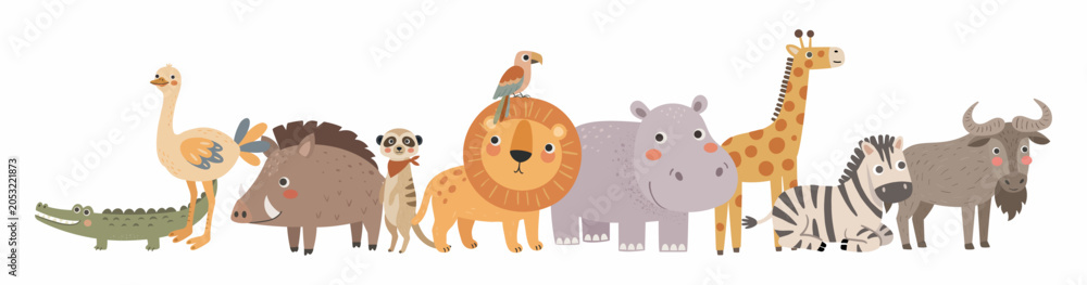 Fototapeta premium Safari Animal Family Scene Illustration with Resting Wildlife Characters