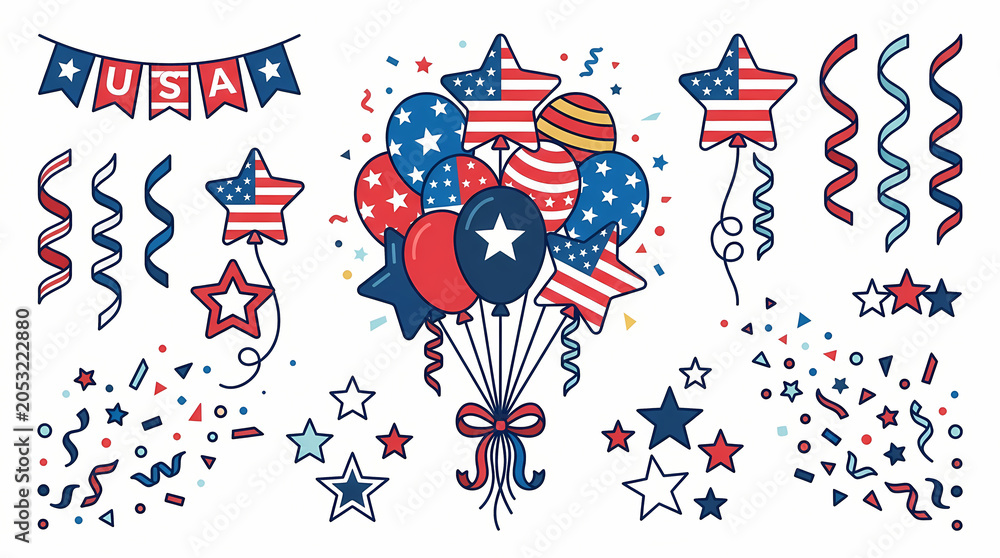 Fototapeta premium Vibrant Patriotic Celebration Elements Set with Red, White, and Blue Balloons, Stars, Ribbons, and Confetti – Ideal for American Holiday Designs