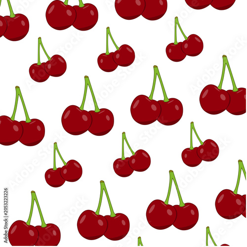 Seamless cherry pattern with bright red cherry pairs and green stems arranged on a white background