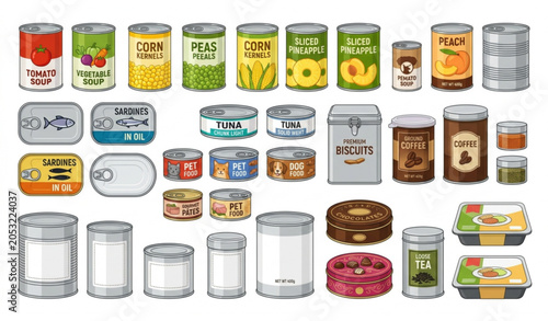 Aluminum Tin Can Collection Food Packaging and Grocery Storage Vector Set