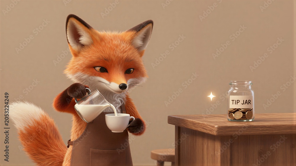 Fototapeta premium A fox in an apron pours milk into a cup near a tip jar.