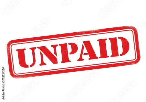Red stamp indicating an unpaid status on a document or item isolated on transparent background