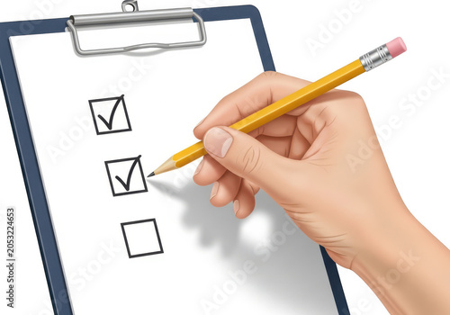 Hand marking completed checklist items on a digital tablet with a stylus. isolated on transparent background