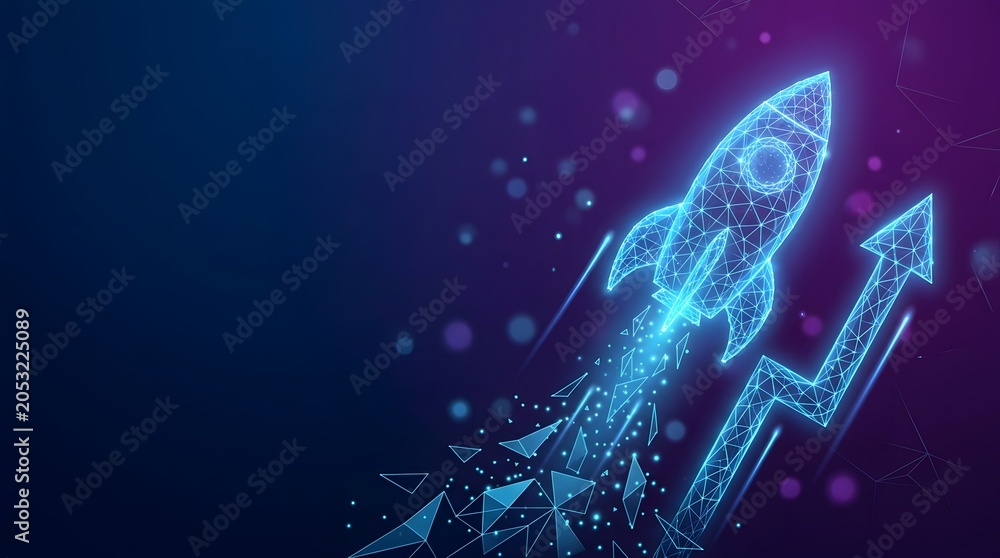 Obraz premium Futuristic glowing rocket launching with upward arrow graphic, digital wireframe business growth and startup concept on dark background