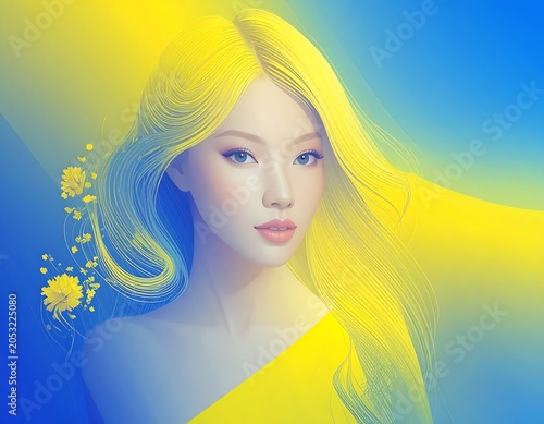Portrait of an Asian woman with flowing yellow hair and delicate floral accents, set against a vibrant blue and yellow gradient