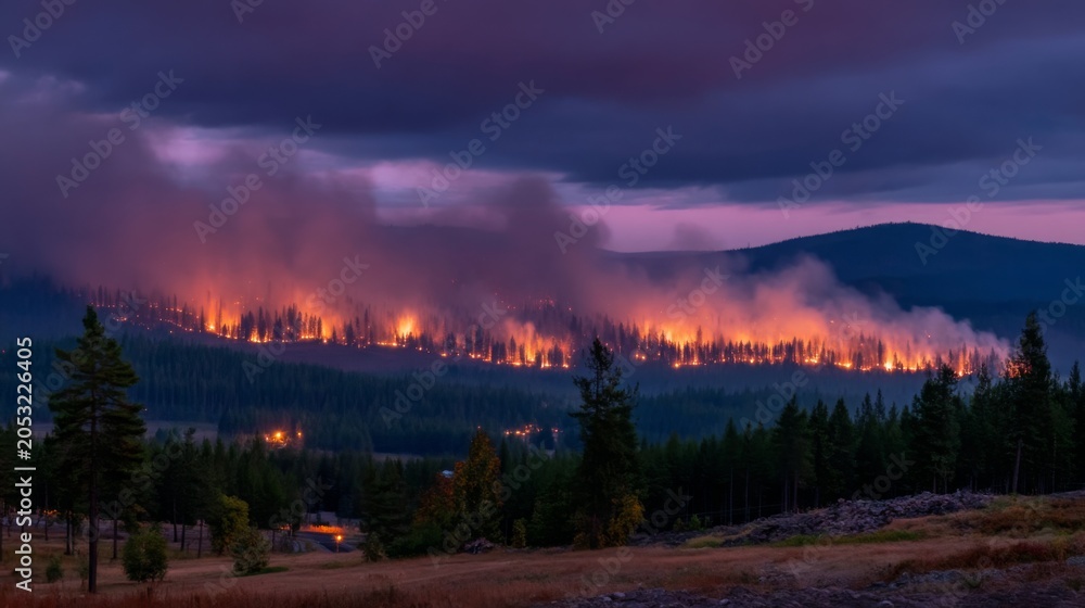 Obraz premium Majestic Wildfire Landscape at Dusk with Smoke and Flames Lighting Up the Forest Horizon in a Remote Area of Nature’s Beauty