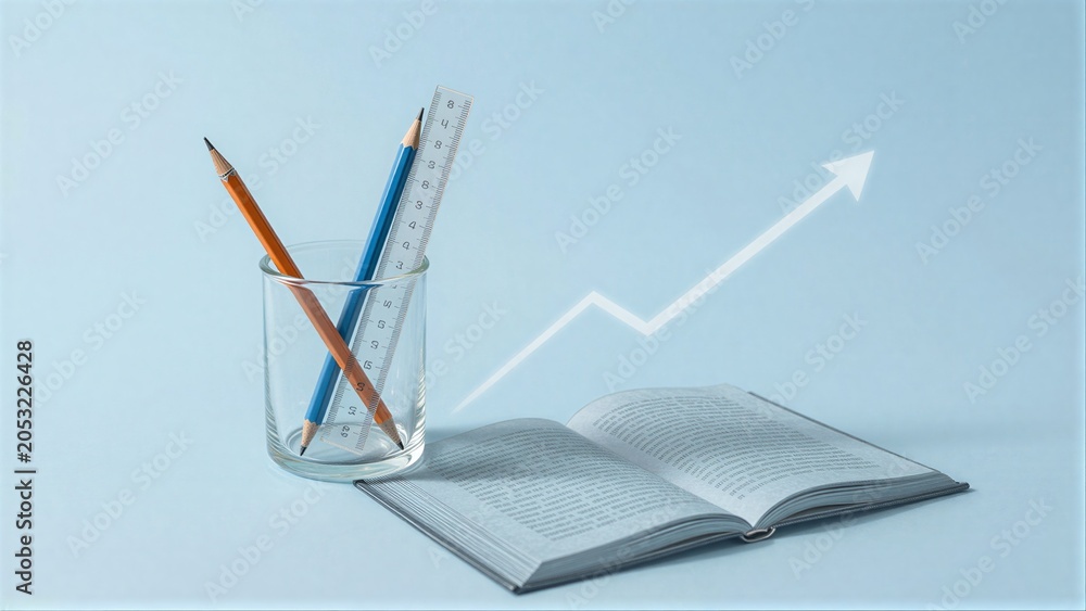Naklejka premium Pencils ruler and book with upward arrow symbolizing growth in