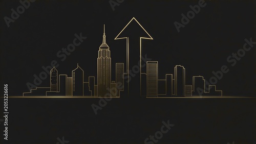 Golden city skyline with upward arrow symbolizing growth and progress
