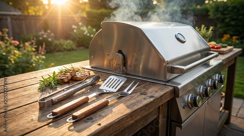 Stainless steel outdoor gas grill with grilling tools on a wooden table at sunset.