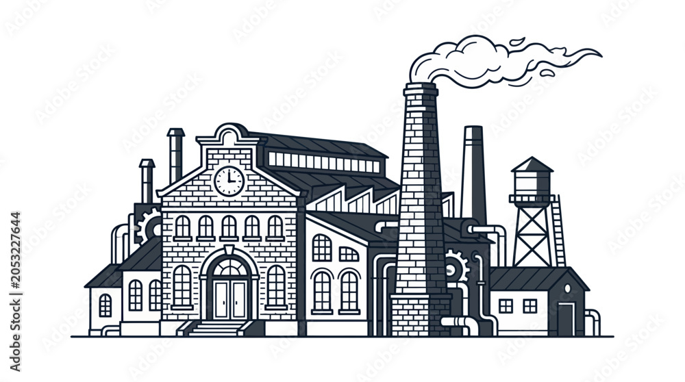 Fototapeta premium Vintage Factory Building with Smoking Chimney, Industrial Architecture
