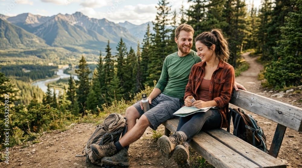 Obraz premium A smiling man and woman sit together on a wooden bench overlooking a scenic mountain valley. They are studying a map and appear to be planning a hike.