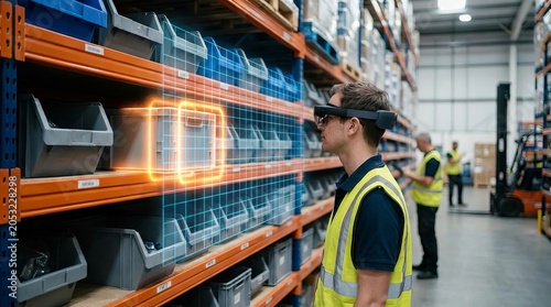 Warehouse worker using augmented reality smart glasses for inventory management.