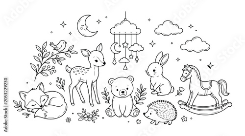Photography Nursery coloring page with cute forest animals, woodland baby shower vector illu