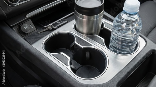 Vehicle Center Console Cup Holders with Drinks and Car Keys.