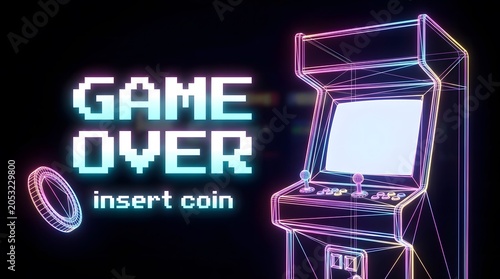 Retro arcade machine with neon game over text and insert coin
