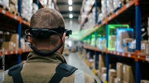 Warehouse worker using augmented reality smart glasses for logistics and inventory management.
