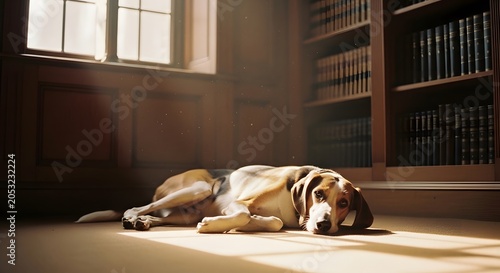 Calm dog resting on library floor with sunlight streaming in