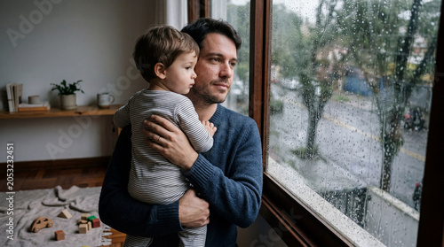 Contemplation by the Window: A father holds his young son as they gaze out of a rain-streaked window, reflecting a moment of quiet togetherness and pensive mood amidst the weather.