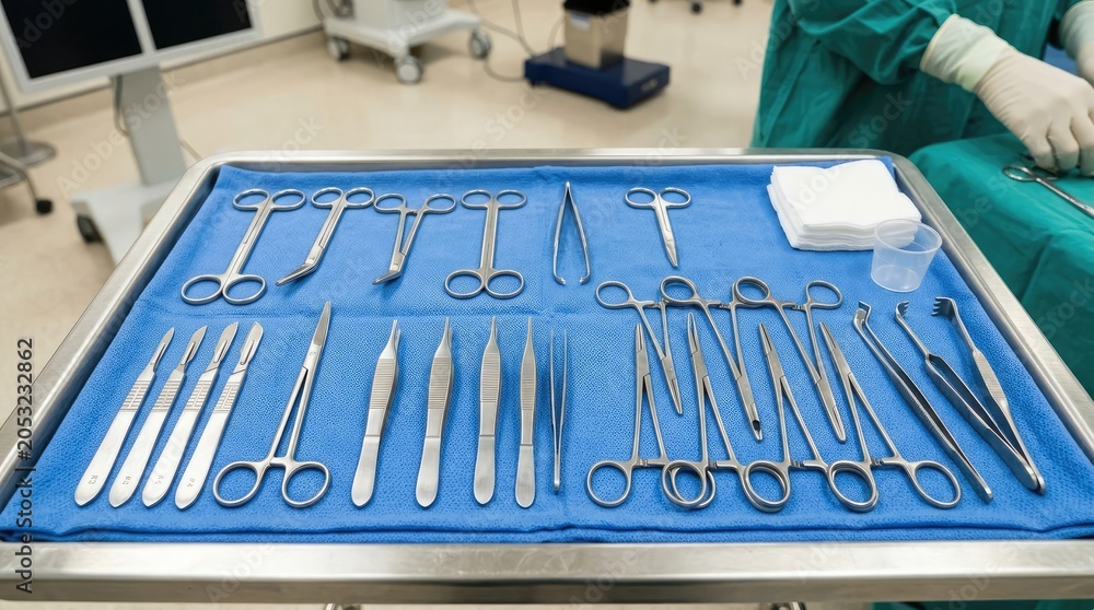 Obraz premium A surgical tray is arranged on a blue tray table, displaying a variety of surgical instruments. A surgical scrub is visible in the background, wearing protective attire.
