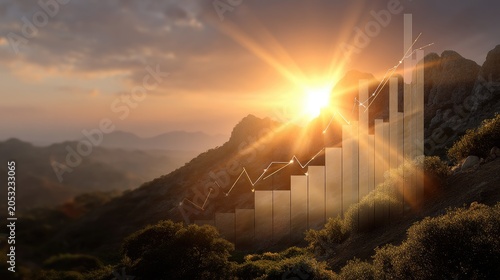 Sunrise Over Mountains with Graphs Representing Growth and Success in Business and Finance