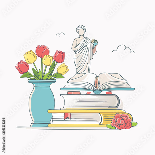 Illustration of a statue on books with flowers and clouds