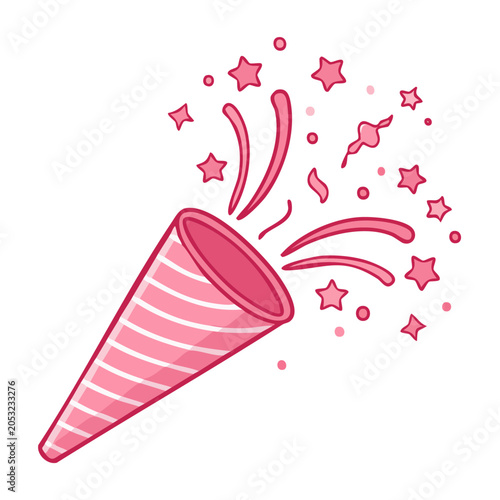 Pink party popper exploding with stars and confetti