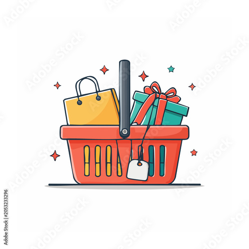 Shopping basket filled with shopping bag and gift boxes