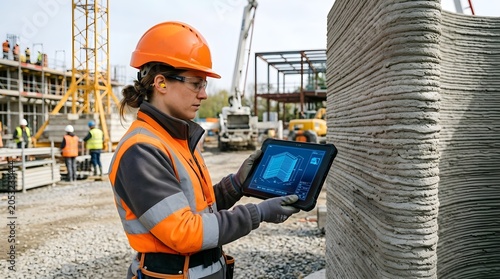 Female Construction Engineer Inspecting 3D Printed Wall with Tablet