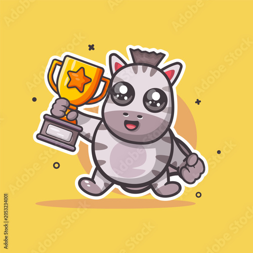 Cute zebra cartoon character mascot holding a golden trophy. Animal champion winner victory and success concept illustration