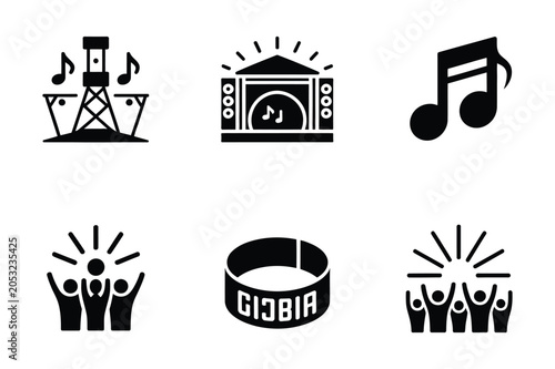 Set of music festival icons featuring concert stage crowd and musical notes, festival