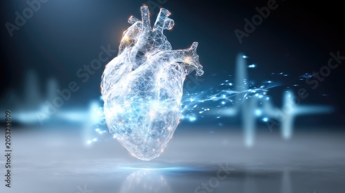 Futuristic Heart Illustration with Digital Effects and Light Burst in Abstract Conceptual Design