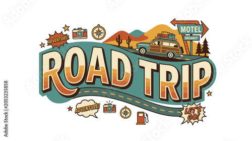 Konstfotografi Retro Road Trip Adventure: Vintage Car, Motel Sign, Mountains, Desert Landscape