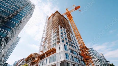 Construction of a High-Rise Building Under Clear Blue Sky with Crane and Surrounding Structures