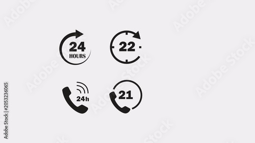 Animated 24-hour store concept clock icon and continuous open shop visual, representing non-stop business operation and round-the-clock service availability