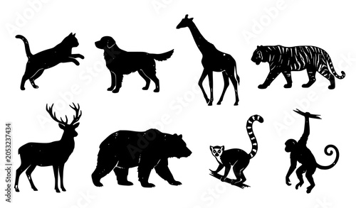 Photography Distressed animal silhouette collection featuring cat dog tiger giraffe deer bea