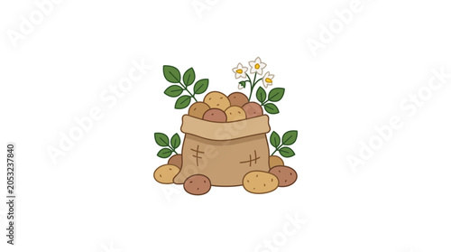 Bild auf Leinwand Illustration of Potatoes in a Burlap Sack with Leaves and Flowers