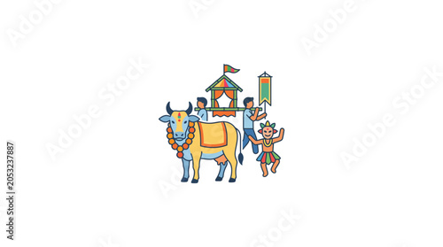 Foto Illustration of Traditional Indian Festival Procession with Decorated Ox