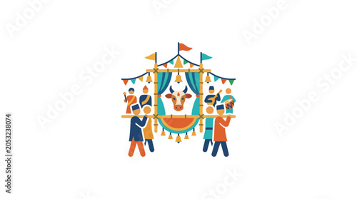 Foto Indian Festival Procession with Sacred Cow Illustration