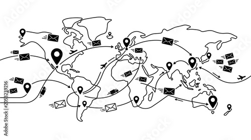 Fotografija World map with communication routes and icons illustrated