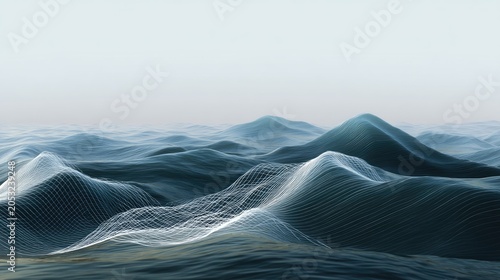 Abstract Visualization of Ocean Waves with Wireframe Patterns and Soft Color Palette