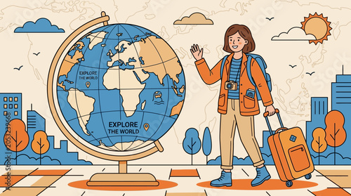 Young traveler with suitcase exploring the world map